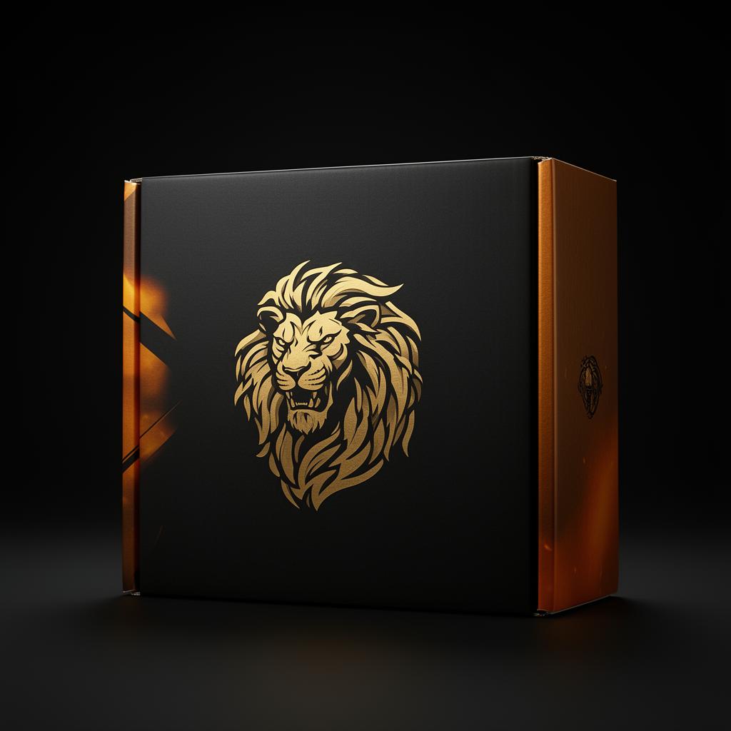 Embalagem premium preta com leão dourado da linha Garra de Leão
